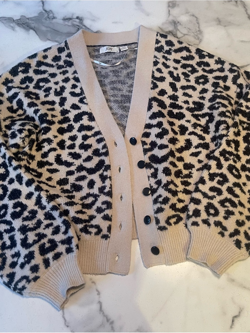 Leopard-Print Button Cardigan Sweater - Beige/Black